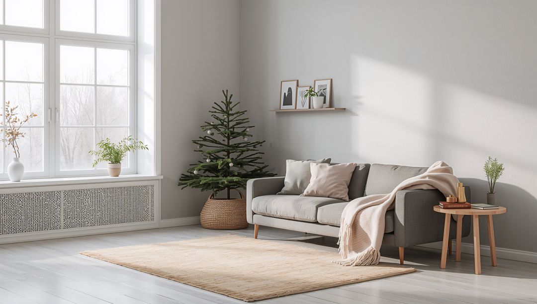 Minimalist Scandinavian Living Room with Gray Sofa, Cozy Throw, Natural Daylight, Greenery