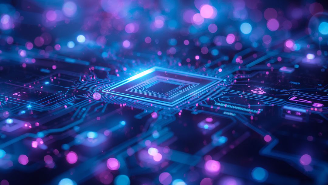 Emerging Technology Scene with Glowing Circuit Board and Chip Design