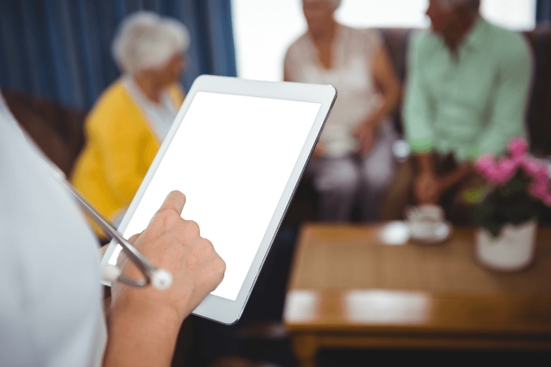 Transparent Tablet in Healthcare Worker Hands During Consult