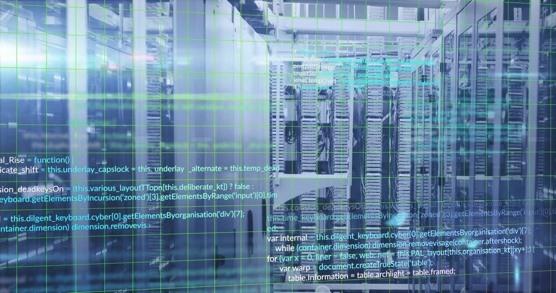 Digital Overlays and Server Room Illustrating Data Processing