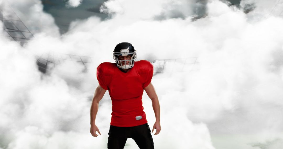 Confident American Football Player in Red Jersey on Foggy Field