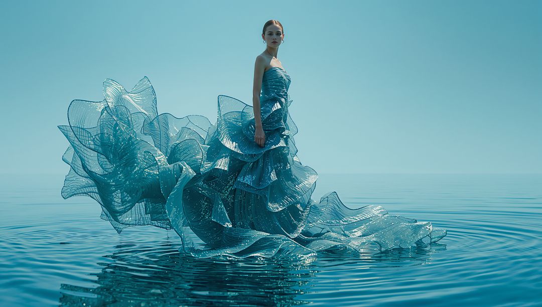 Ethereal sculptural teal couture gown standing on mirrored water with flowing train