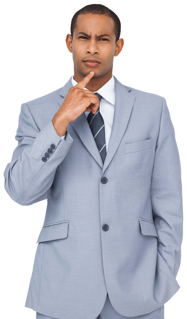 Pensive Businessman Pondering in Suit on Transparent Background