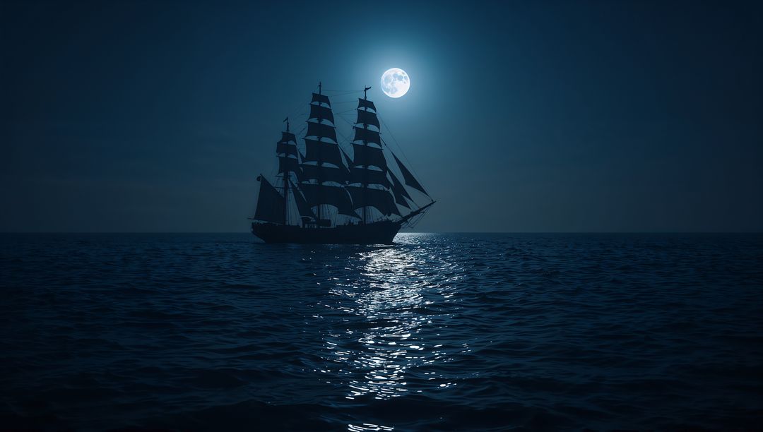 Three-Masted Ship Silhouette Gliding Across Ocean by Moonlight