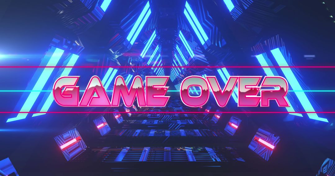 Game Over Neon Text with Futuristic Digital Tunnel