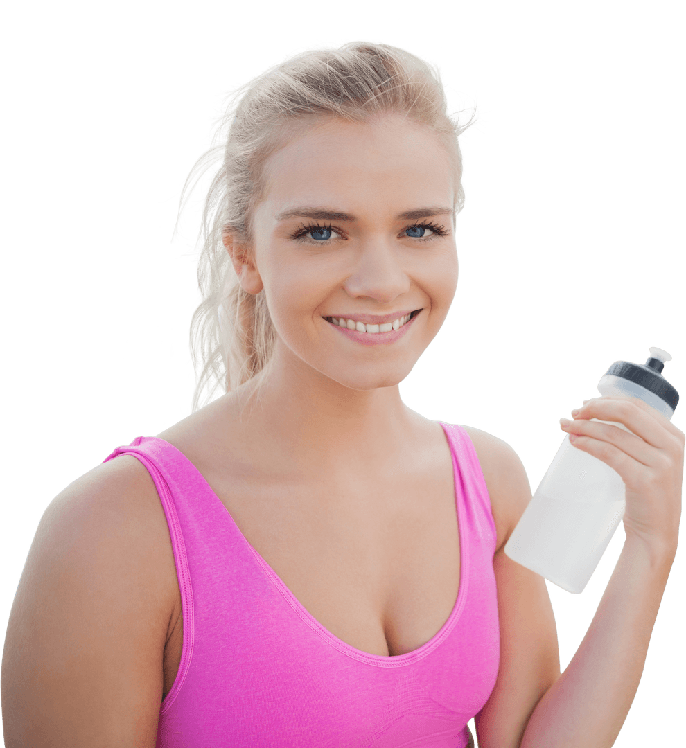 Smiling Fit Woman Holding Water Bottle Isolated on Transparent Background