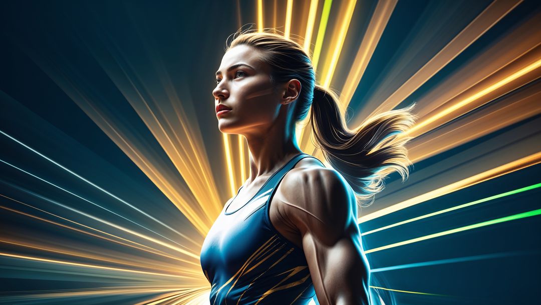 Futuristic Female Athlete with Dynamic Light Beams