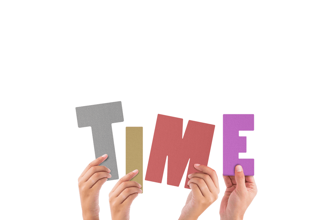 Hands Holding Colorful Transparent Letters Forming Word Time