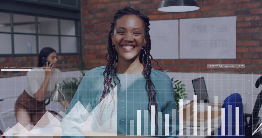 Diverse Business Professional Smiling with Digital Data Overlay