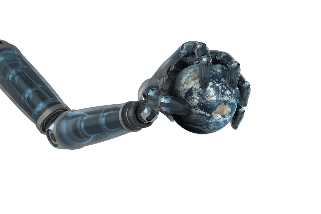 Futuristic Robotic Hand Holding Earth on Transparent Background