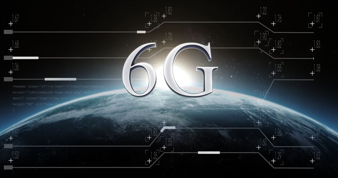 Floating 6G Text Above Earth's Horizon with Digital HUD