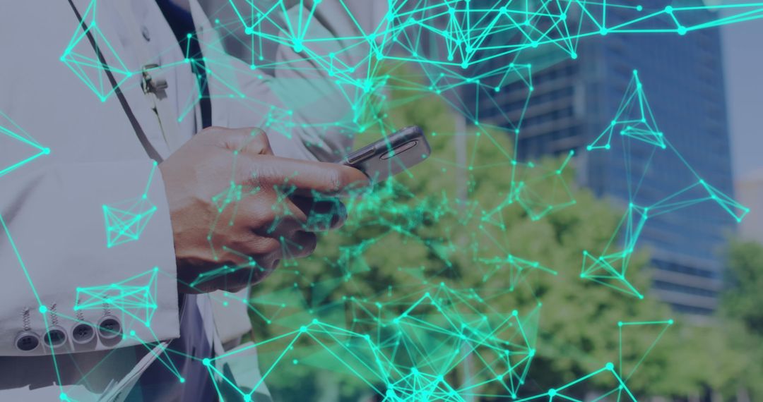Businessman Uses Smartphone Amid Digital Data Network