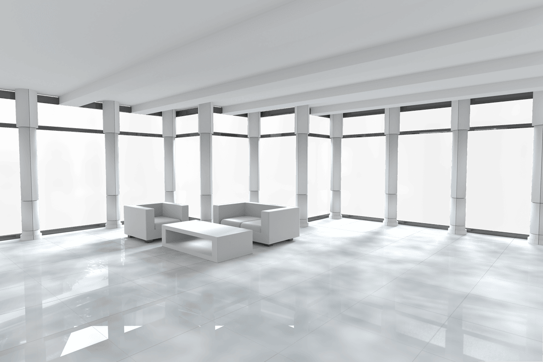 Transparent Modern Lounge with Sleek Furniture and Sunlit Ambiance