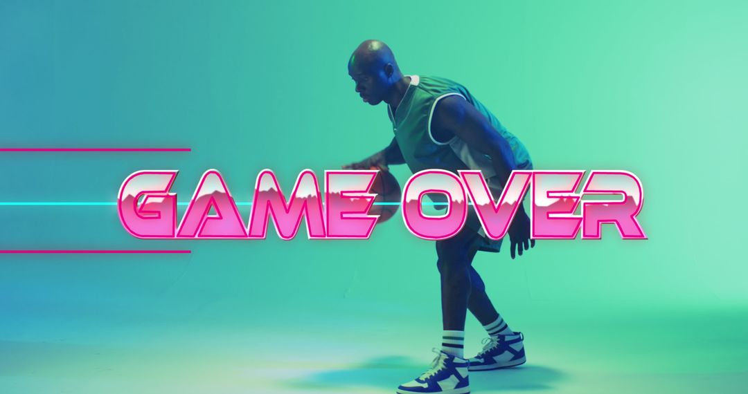 Neon Game Over Text with Basketball Player