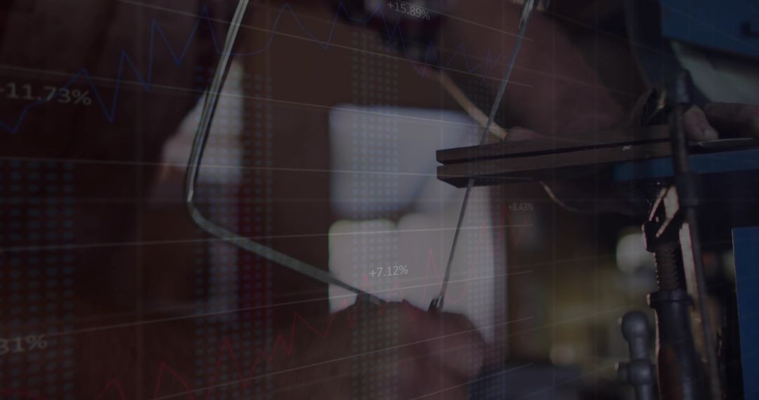 Workshop Drill-Press Operation with Financial Chart Overlay