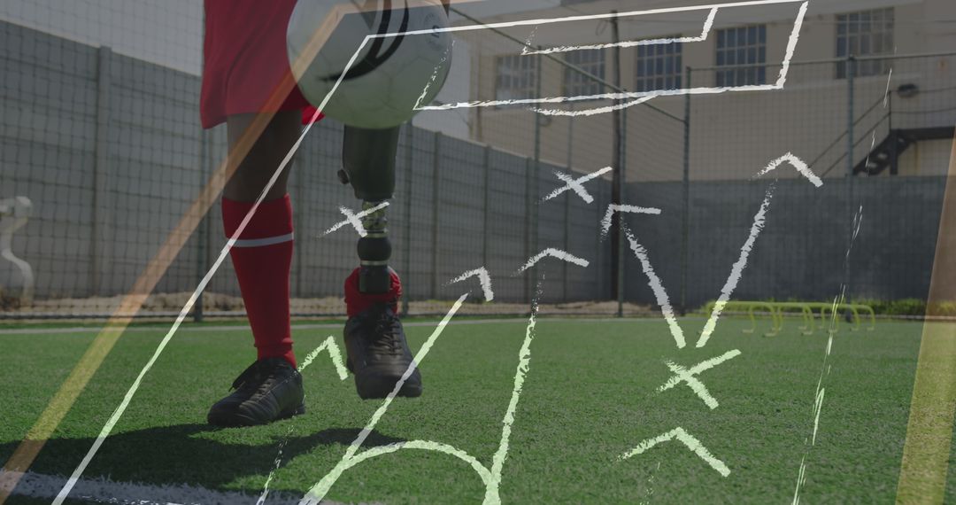 Soccer Player with Prosthetic Leg and Game Tactics Strategy Overlay