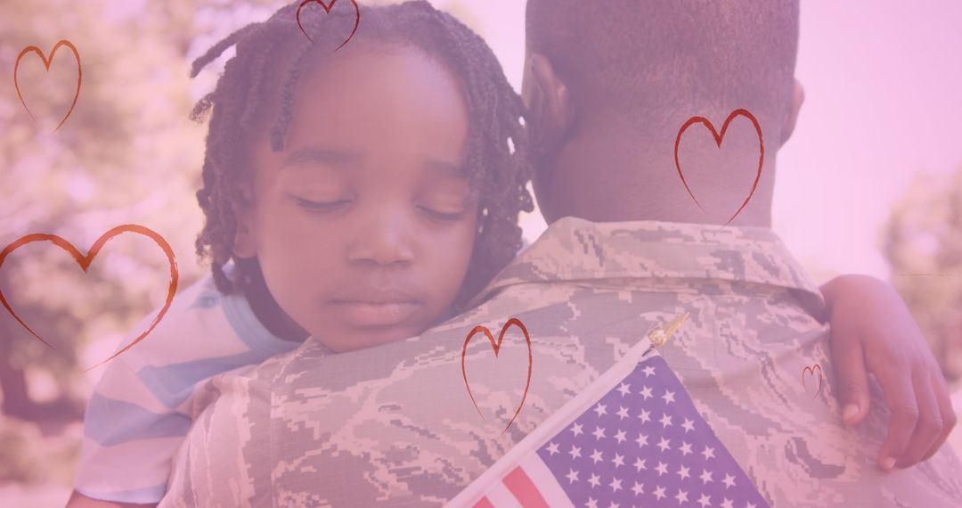 Heartfelt Reunion of Soldier with Son Embracing American Flag Theme