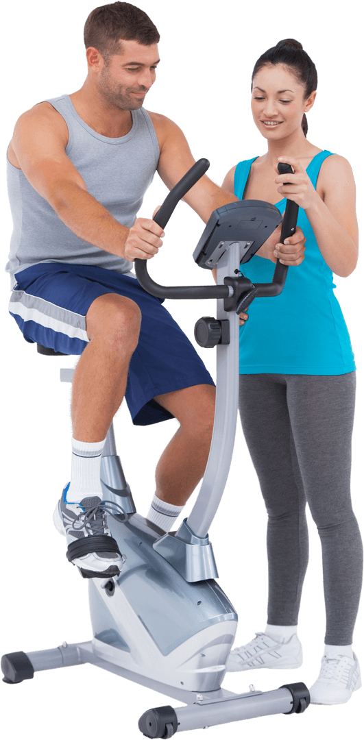 Smiling Fitness Trainer Assisting Client on Exercise Bike Transparent