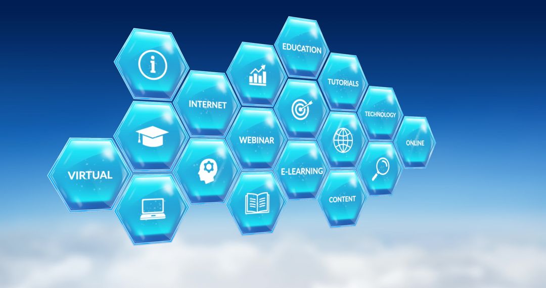 Digital Learning Hexagon Interface with Education Icons in Blue