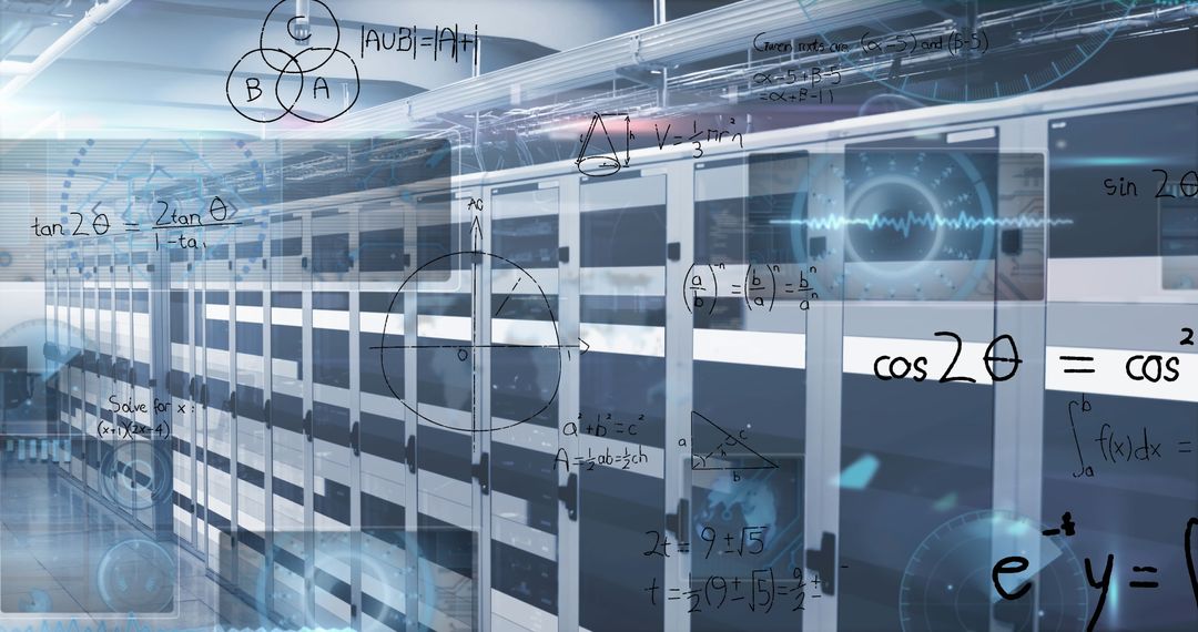 Futuristic Data Center with Mathematical Formulas Highlighting Innovation