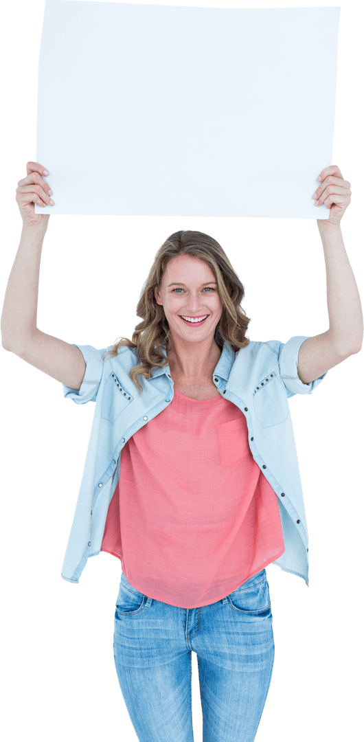Smiling Woman Holding Transparent Blank Poster High in Her Hands
