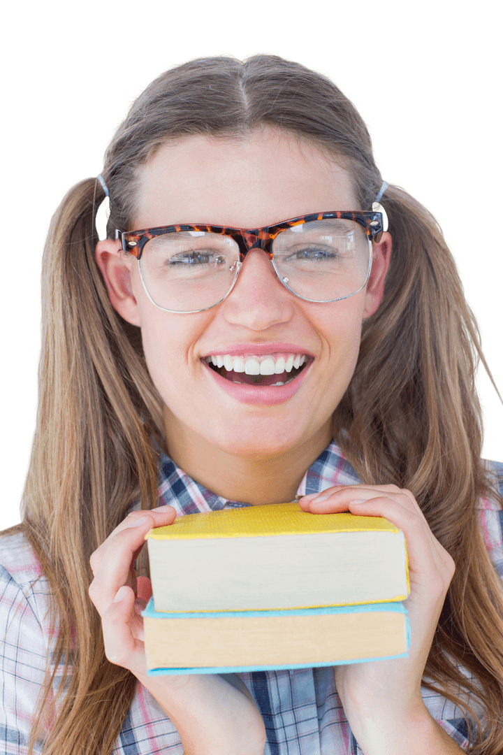 Transparent Smiling Girl Holding Books with Glasses