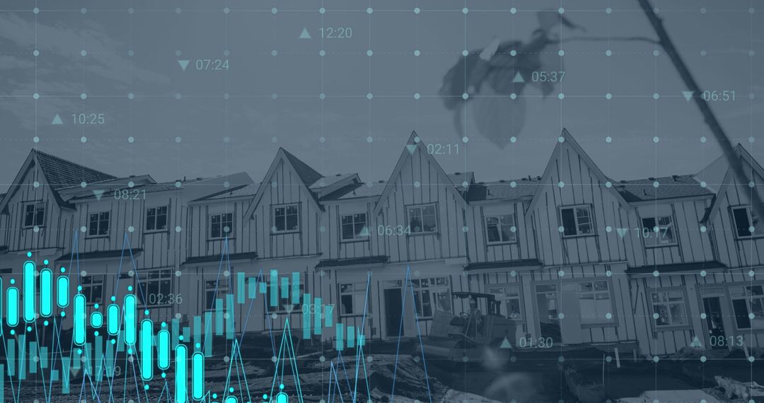 Modern Homes with Digital Financial Graph Overlay Depicting Market Trends