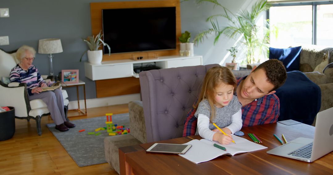 Father Helping Daughter with Homework in Modern Living Room - Free Images, Stock Photos and Pictures on Pikwizard.com