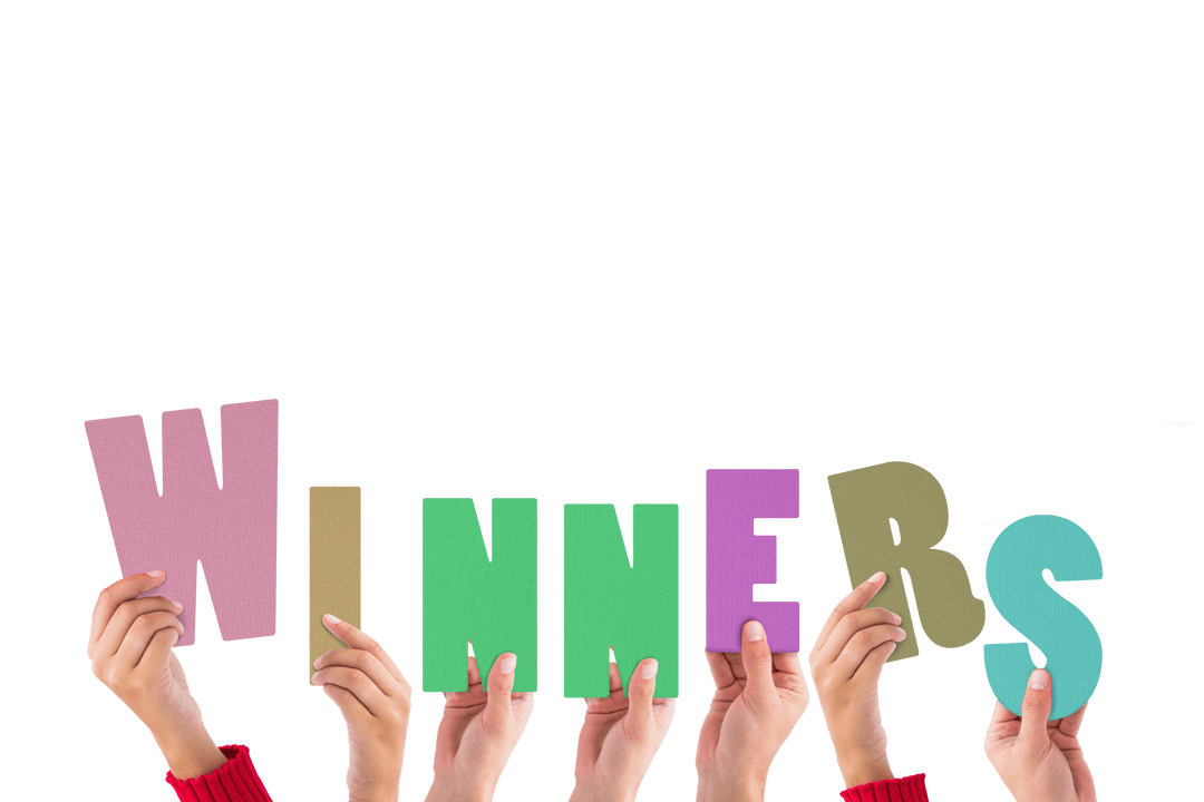Hands Raising Colorful 'Winners' Text on Transparent Background
