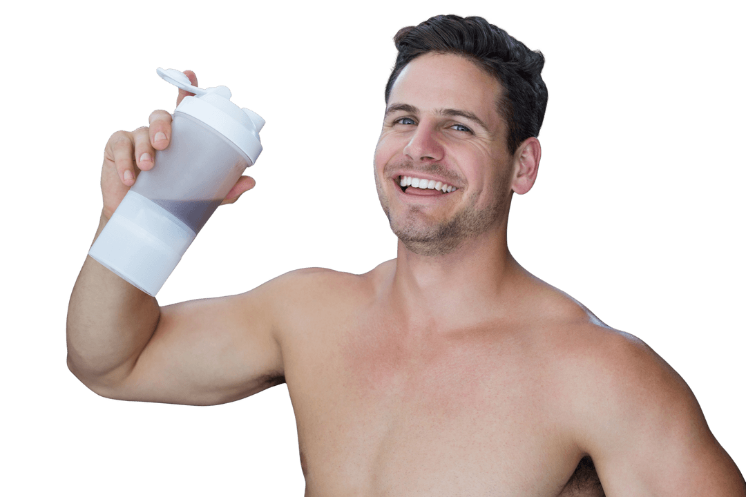 Joyful Man Holding Sports Shake Bottle on Transparent Background