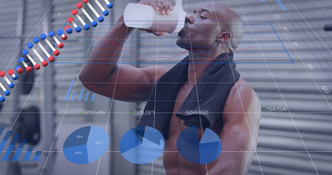 African American Man Resting in Gym with Digital Wellness Data Overlay