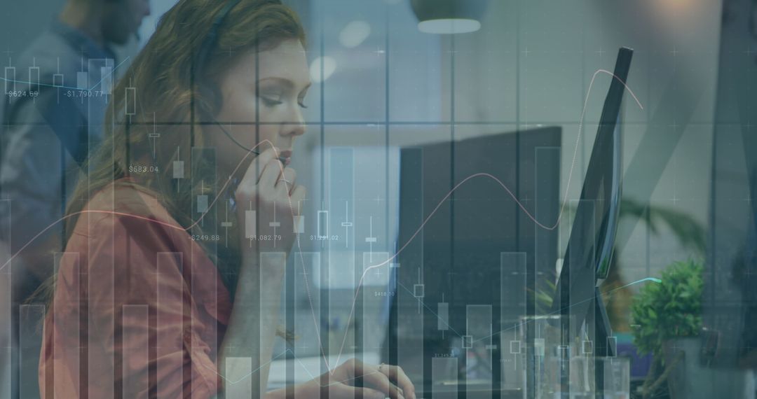 Businesswoman Handling Calls Amidst Graphs and Data Visuals