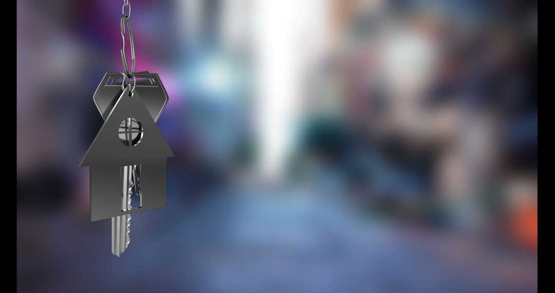 House-shaped Keychain with Keys on Blurred Urban Background