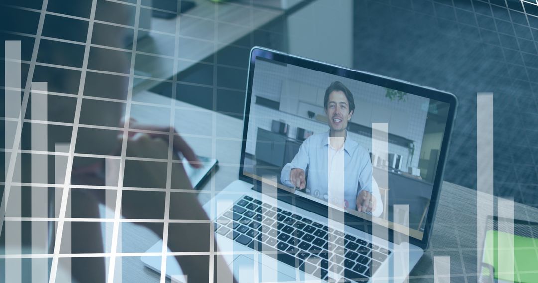 Virtual Business Meeting Displayed on Laptop with Infographics Overlay