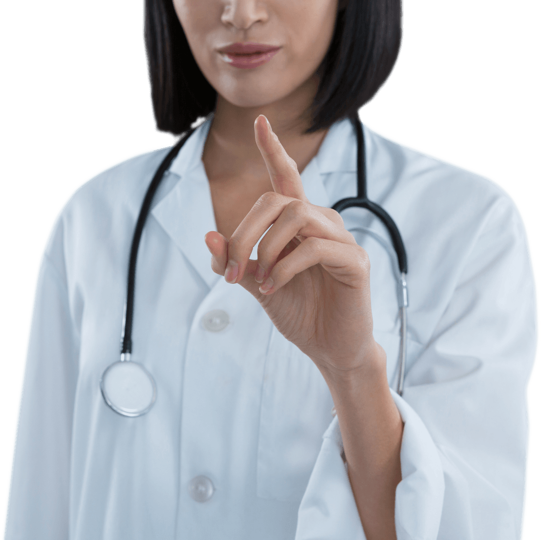 Female Doctor Pointing on Transparent Virtual Interface Screen