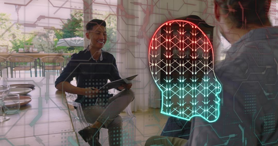 Asian professional presenting holographic neural head display in modern workspace