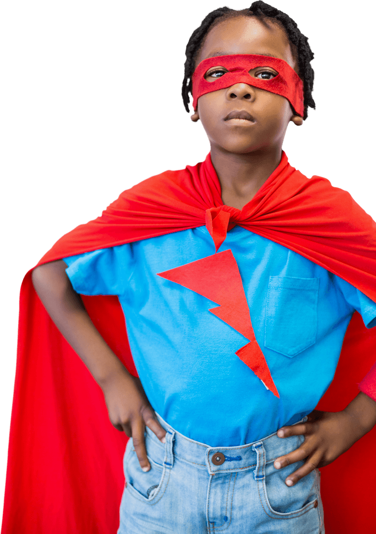 Determined Boy in Red Cape and Mask with Transparent Background