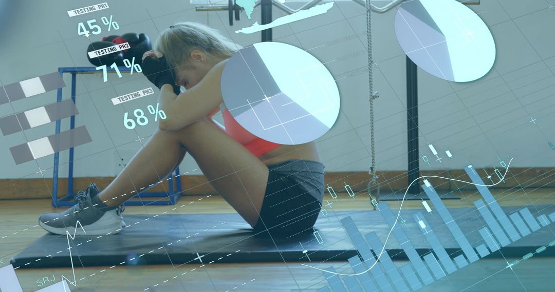 Digital Interface with Woman Exercising in Gym Shadowed by Data Visuals