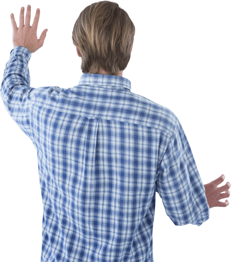 Rear View of Man in Blue Plaid Shirt Using Transparent Interface