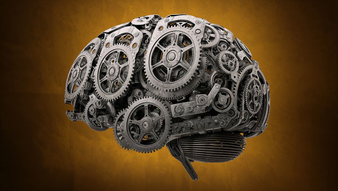 Crafting mechanical brain from interlocking gears and cogs conveying industrial AI concept
