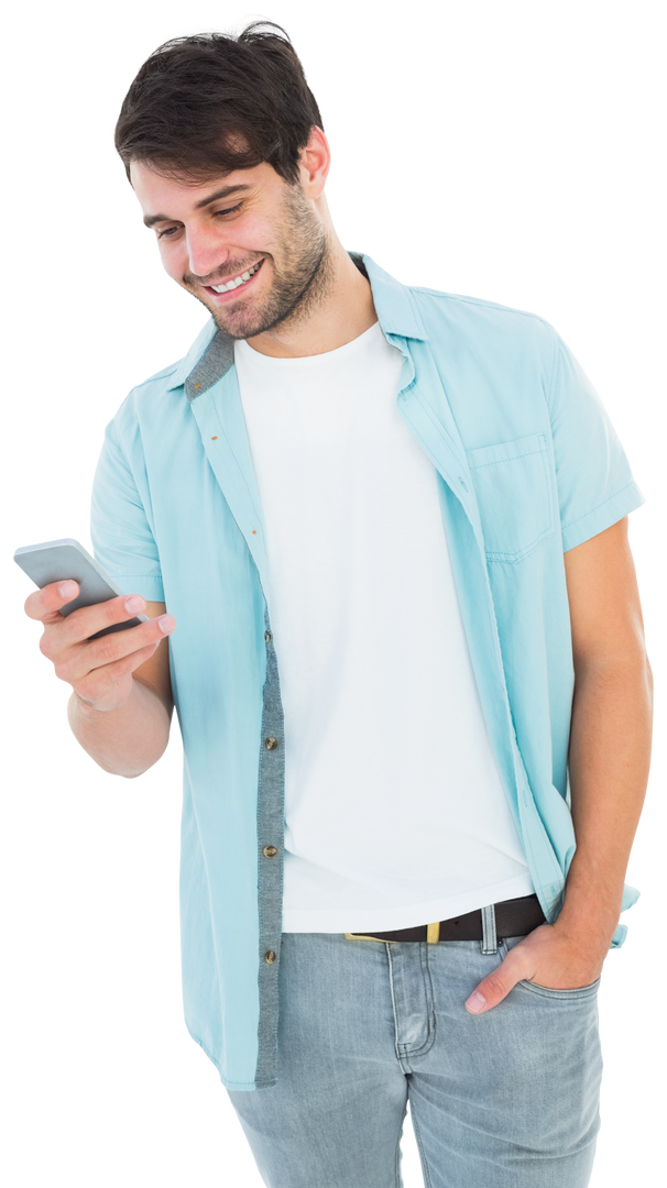 Happy Young Man in Casual Attire Texting on Smartphone Transparent Background - Download Free Stock Images Pikwizard.com