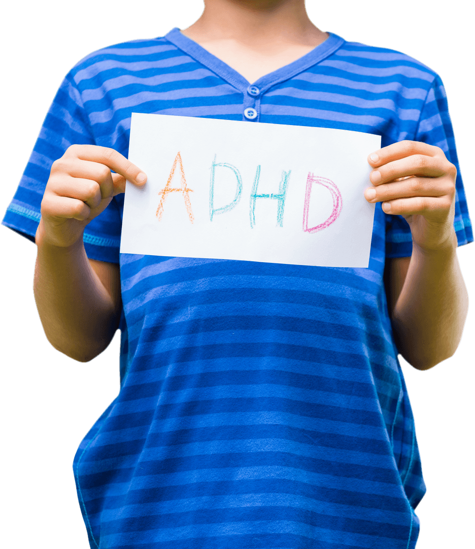 Child in Striped Shirt Holding Transparent ADHD Sign