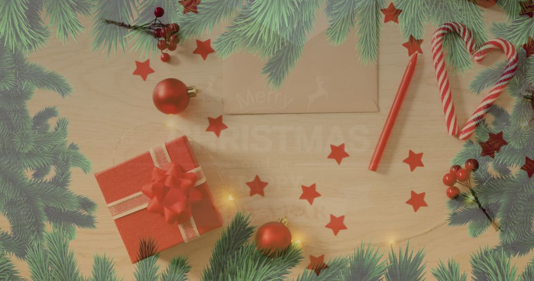 Rustic Christmas Flat Lay with Gift and Holiday Decorations