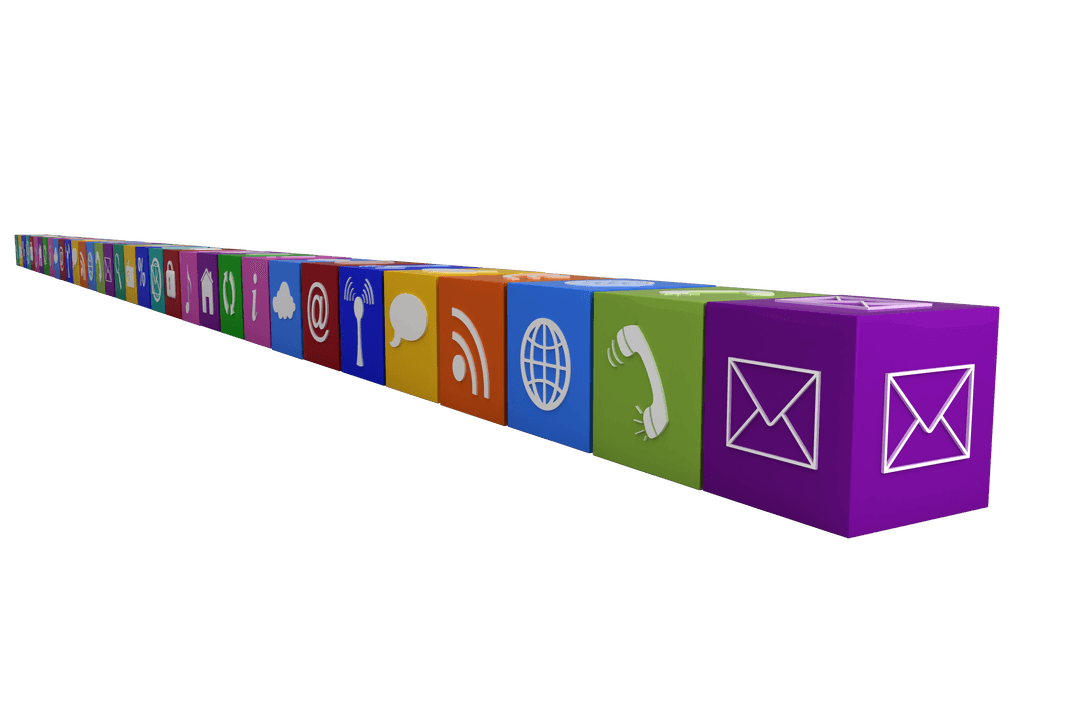 Digital Media Icons on 3D Brick line with Transparent Background