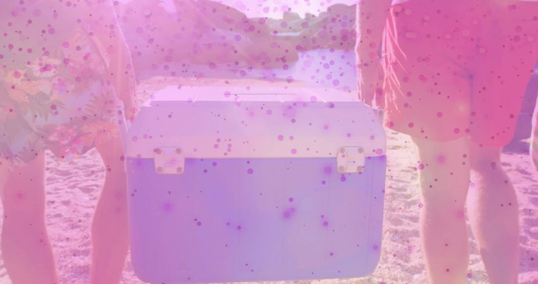 Men carrying cooler on sandy beach wearing colorful swim shorts during summer outing