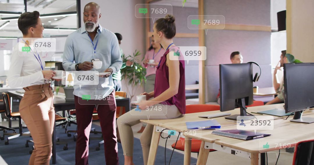 Diverse Coworkers Discussing amidst Digital Notification Bars