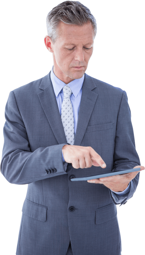 Business Executive Interacting with Transparent Tablet Interface
