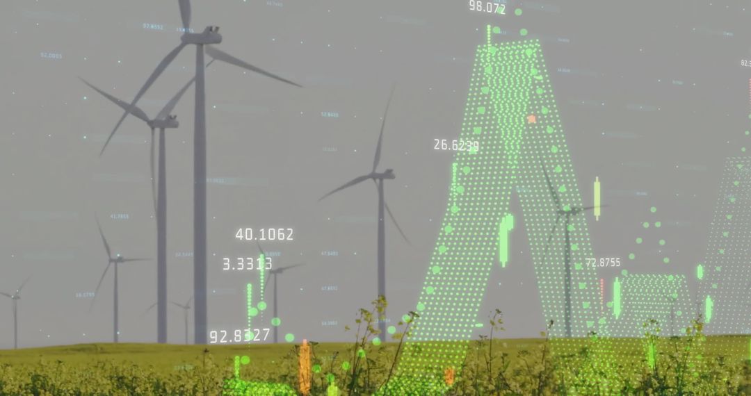 Green Energy Concept with Data and Wind Turbines in Field
