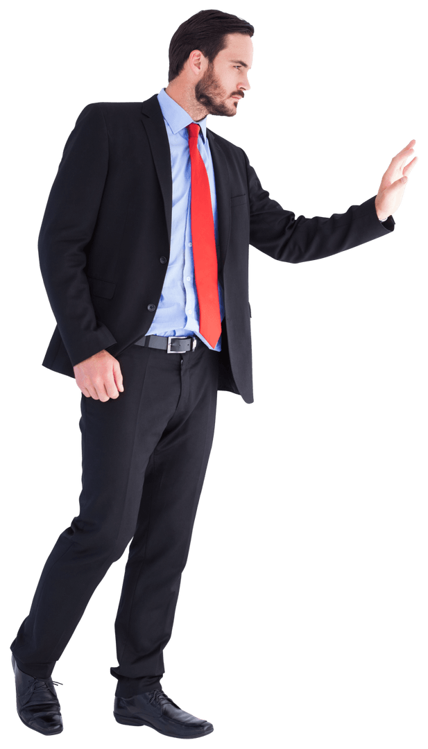 Transparent Businessman Presents Hand Gesture in Suit