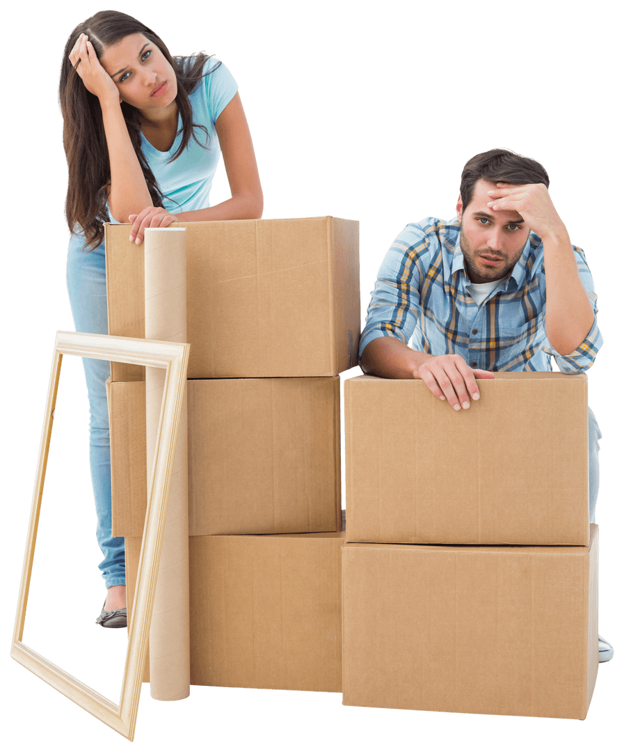 Stressed Young Couple with Moving Boxes on Transparent Background